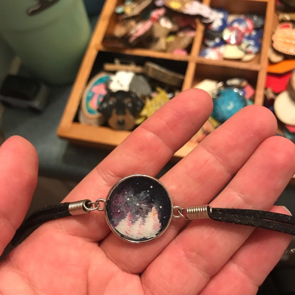 Handmade Winter Forest Pendant Bracelet in Black and Purple